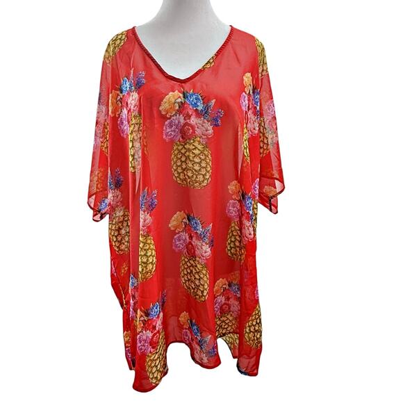 Show Me Your Mumu Kimono Pineapple Print Red Sheer Cover Up *FLAW - Picture 2 of 6
